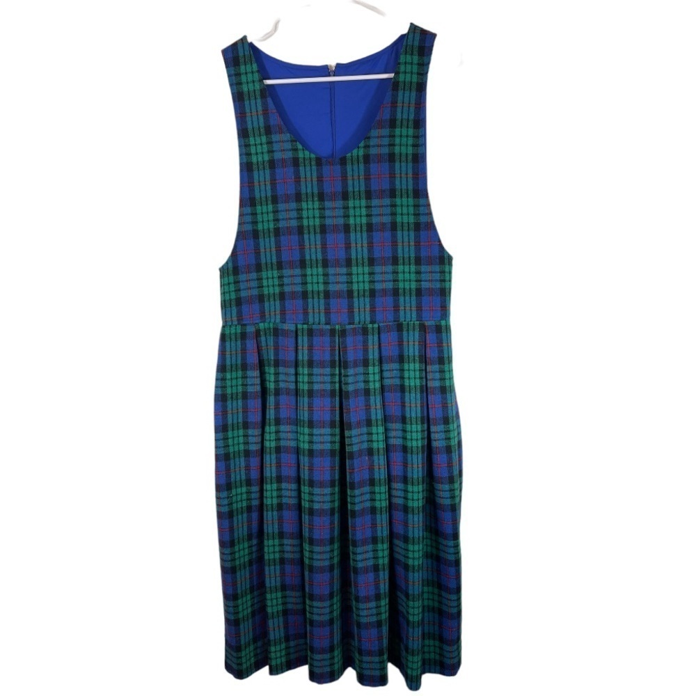 Vintage Handmade Dress Tartan Plaid Jumper Pinafore Blue Green Cottage‎ wool